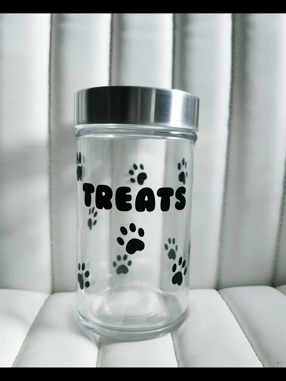 Dog Treat Jar with Silver Lid - Clear Glass Black Paw Print Design